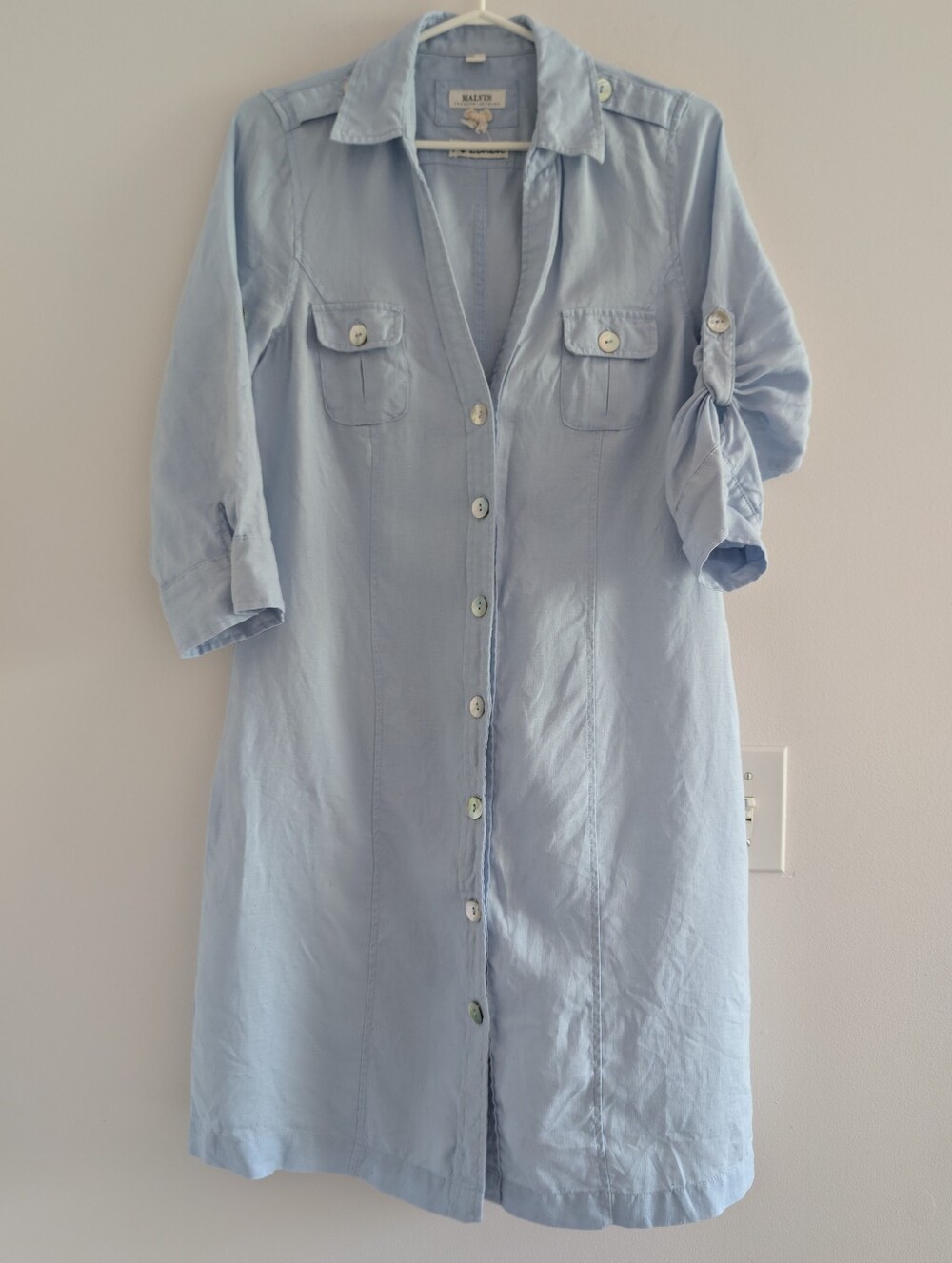 Linen Light Blue Button-Front Shirt Dress